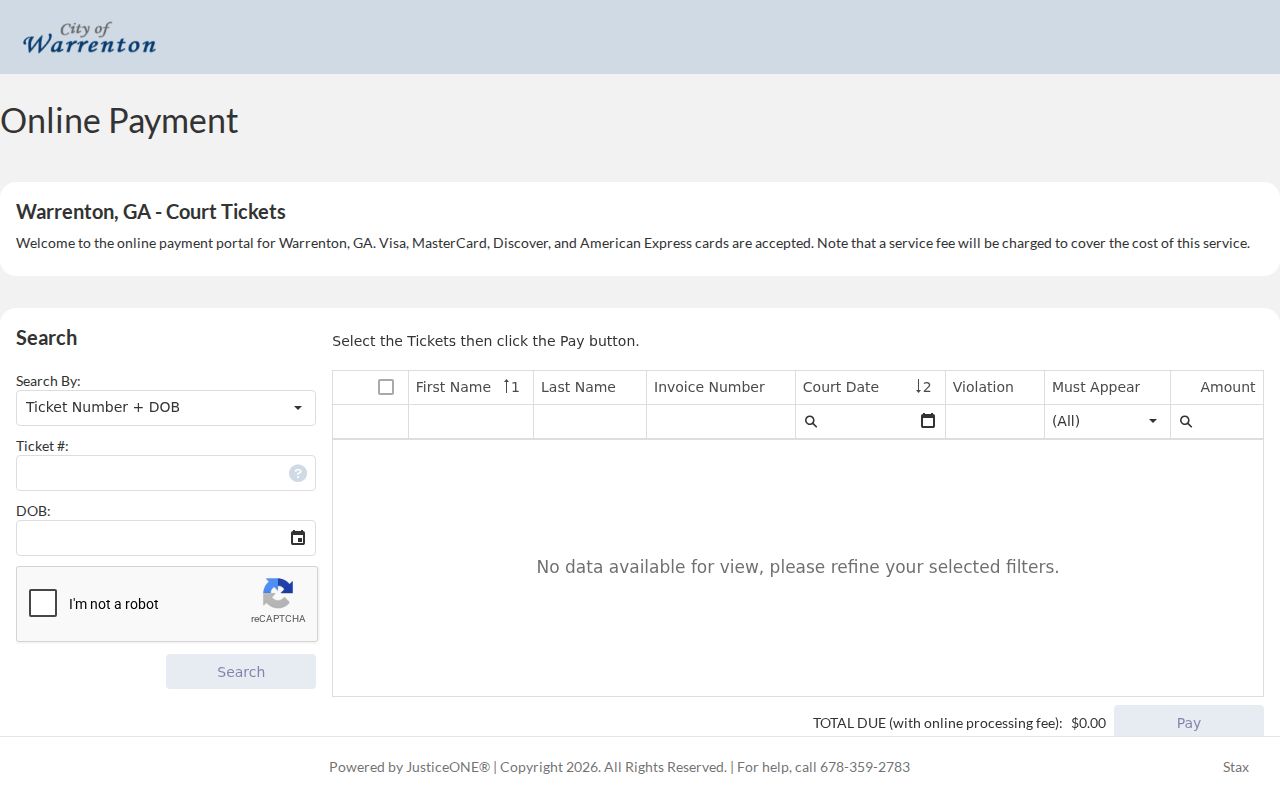 Warrenton JusticeONE citation search and payment interface