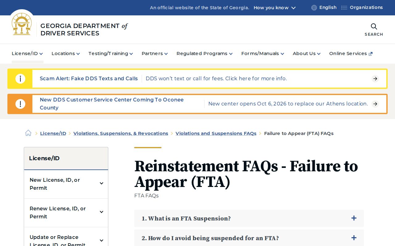 Georgia DDS failure-to-appear suspension and release guidance